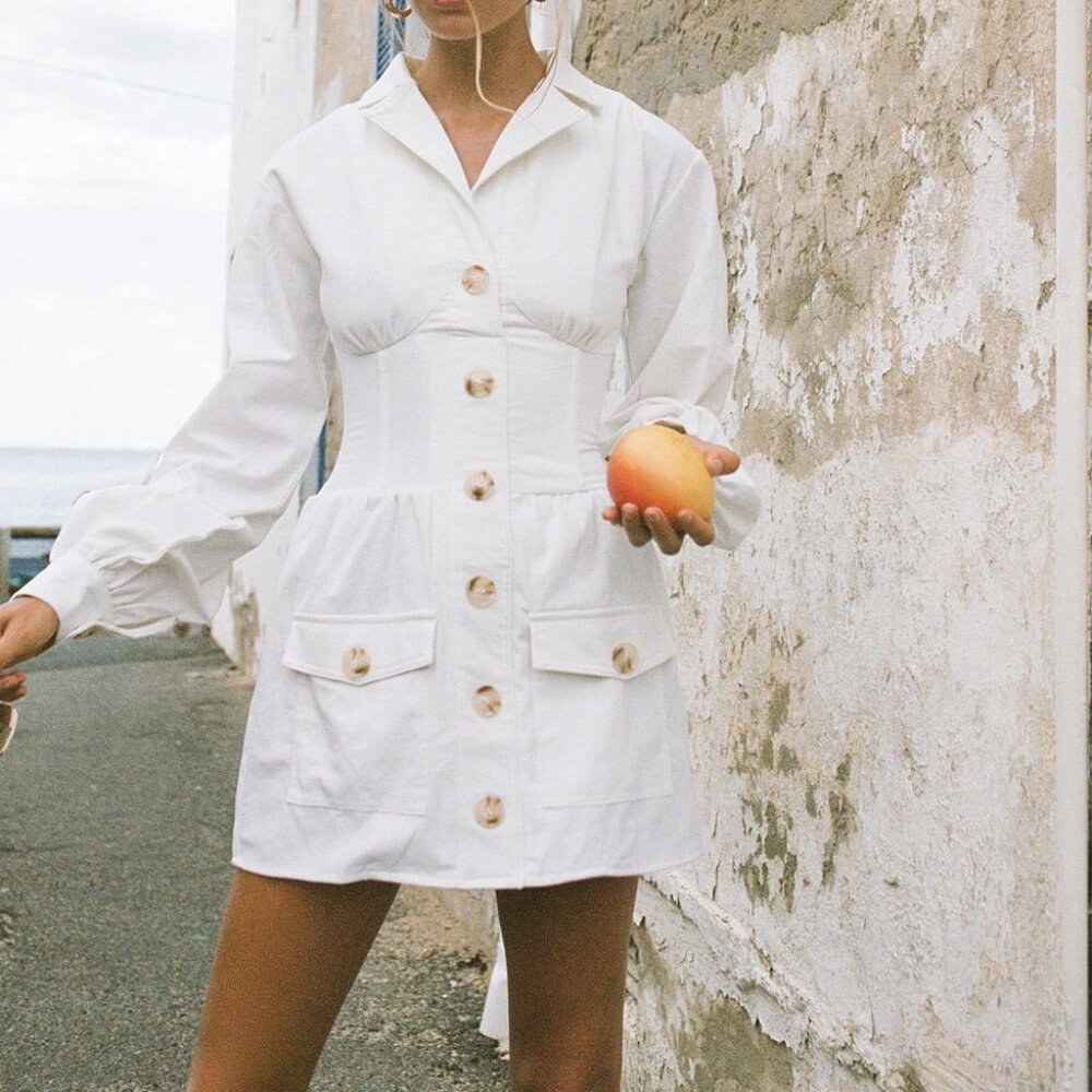 Long Sleeve White Dress - Corset Waist